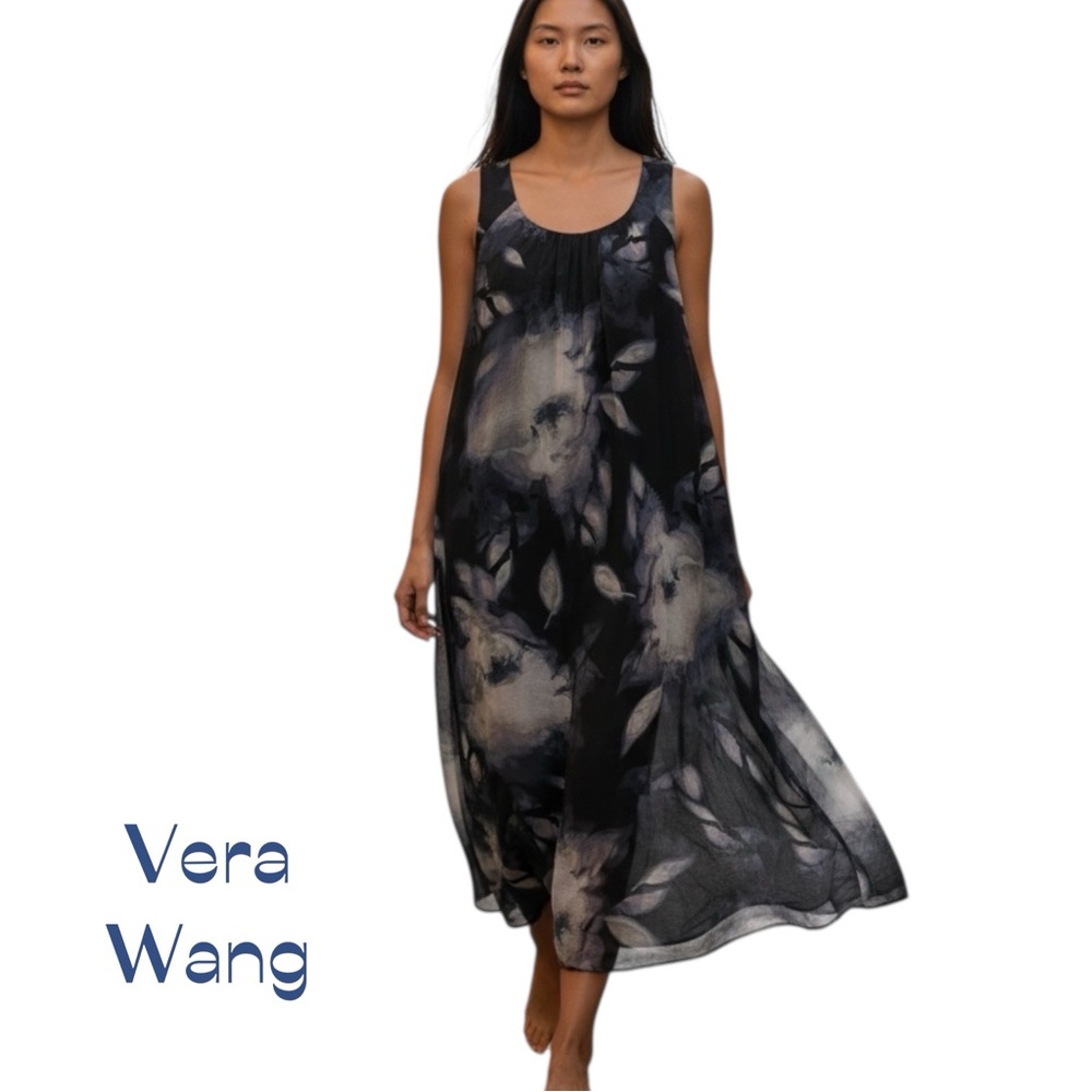Vera Wang Black Navy Watercolor Floral Print Sleeveless Maxi Dress NWOT Size L